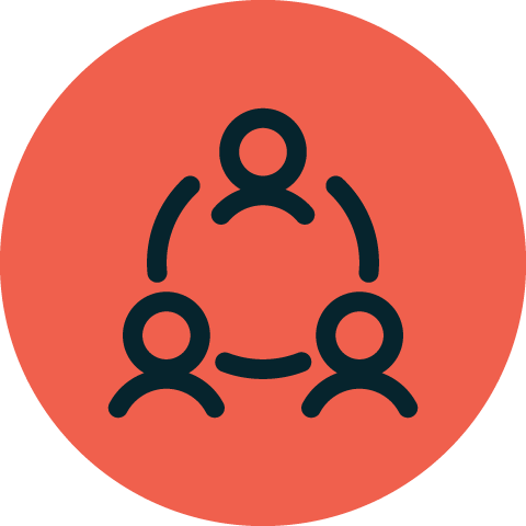 Icon representing three people in a network or team, enclosed in a red circle.