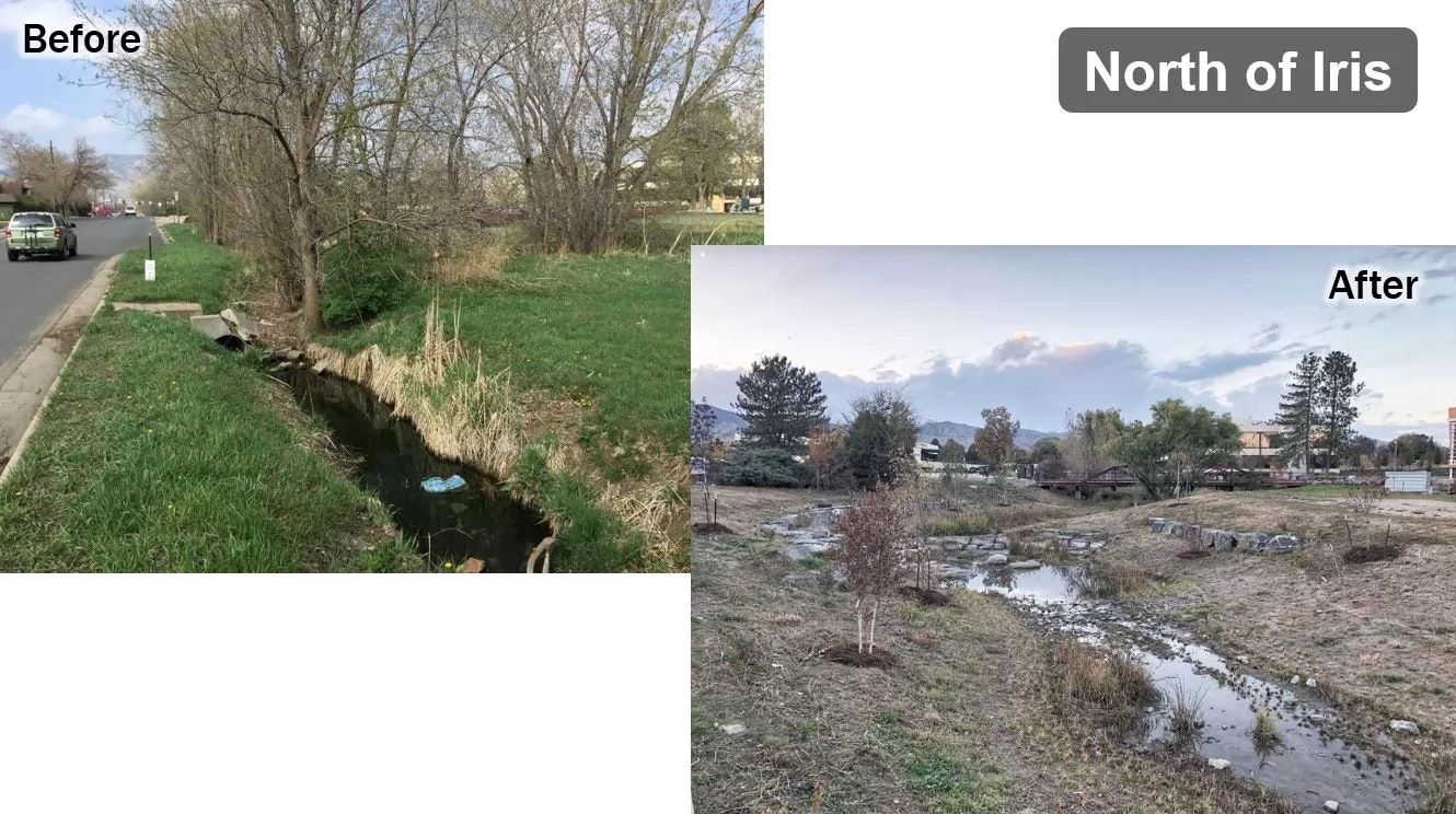 Before and after images showing environmental restoration from a degraded creek to a revitalized natural area.
