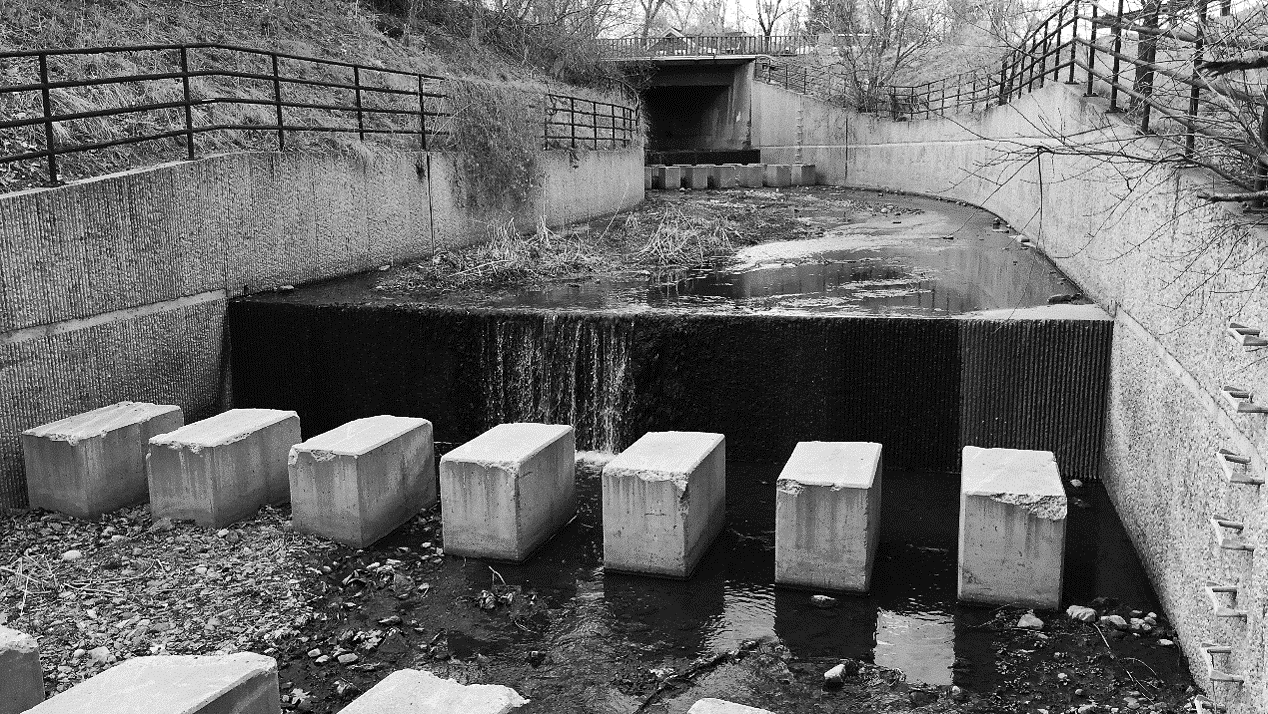 Concrete blocks in water, a metal fence, and a tunnel in a black and white photo.
