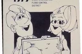 Vintage cartoon of a couple reviewing a document; a sign mentions "Flood Control District".