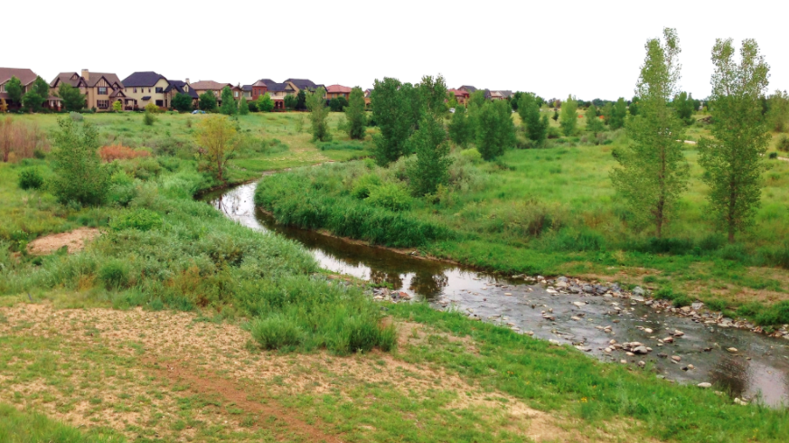 A meandering stream, greenery, and distant houses.