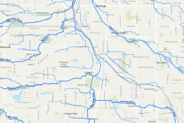 A map showing roads, rivers, and geographical features of an area.