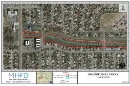 A map showing maintenance along Grange Hall Creek from Larson Dr., with a red outline indicating work area.