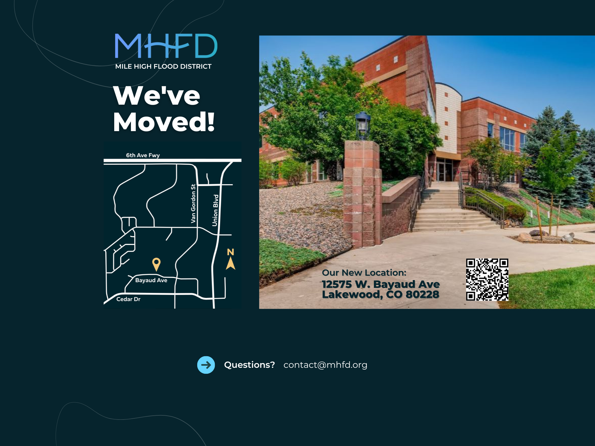 An announcement image saying "We've Moved!" with a new address in Lakewood, CO, a map, a QR code, and a building photo.