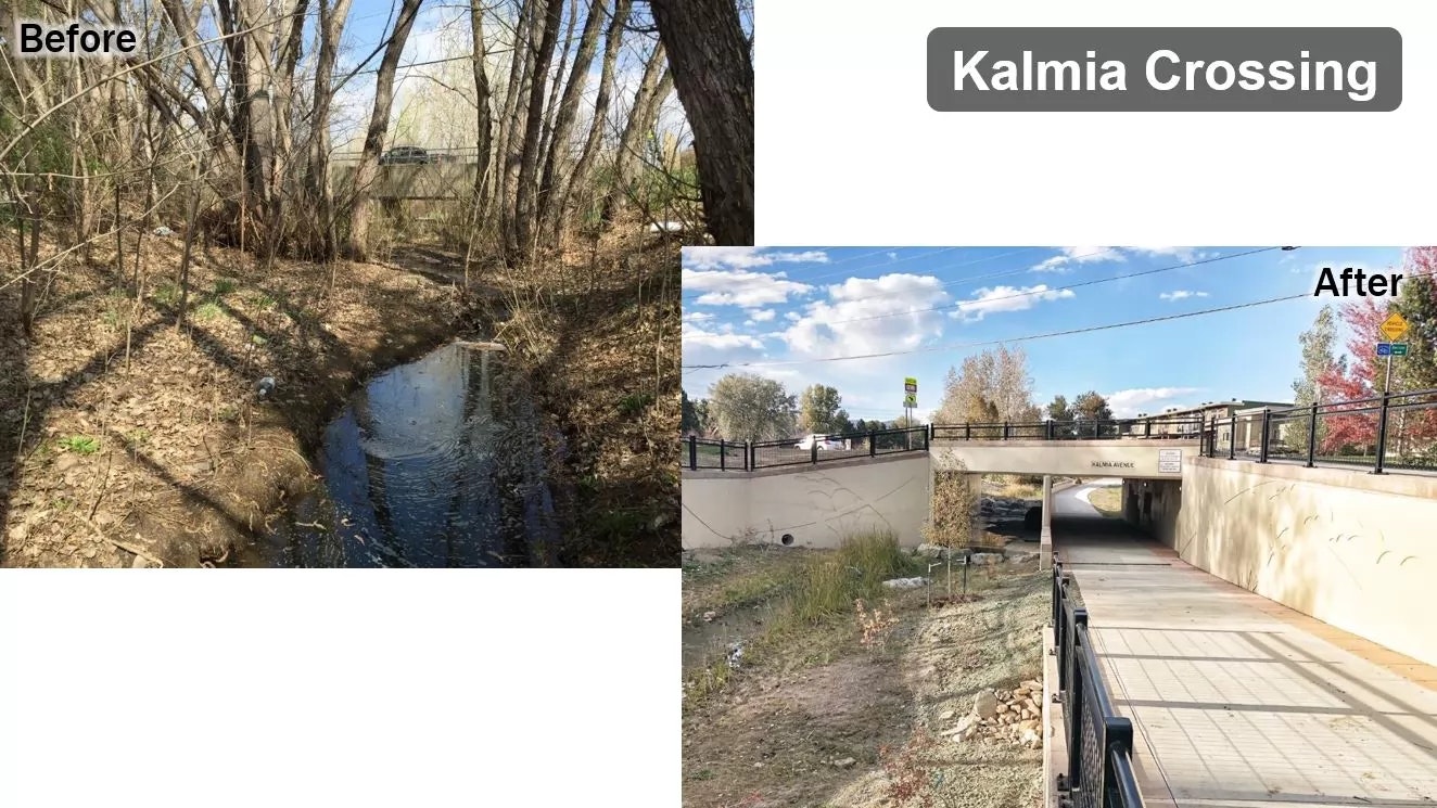 Before and after images showing area transformation from natural landscape to urban pathway with Kalmia Crossing sign.