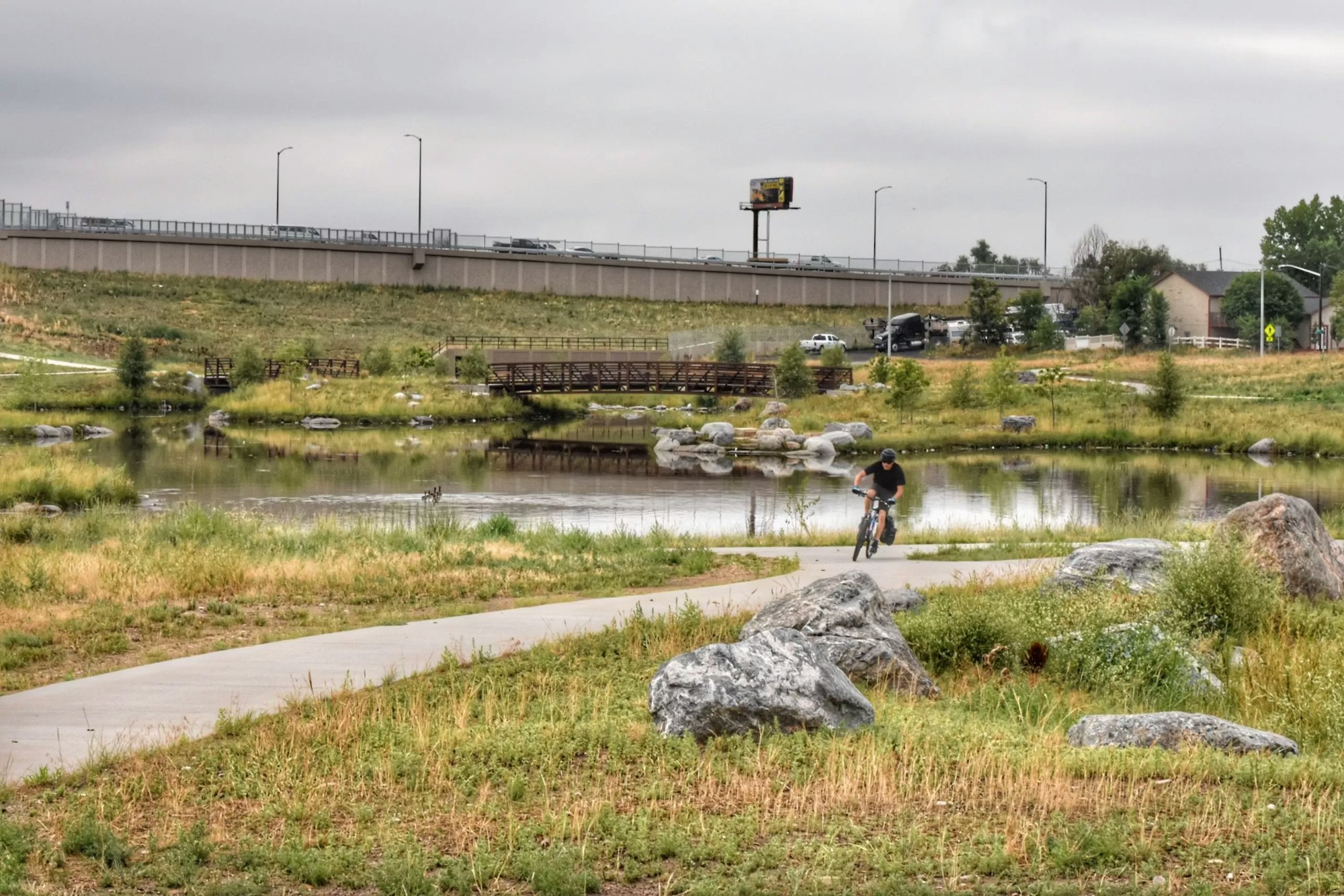 Person cycling on a path by a pond with rocks and grass, with a bridge and cars in the background.