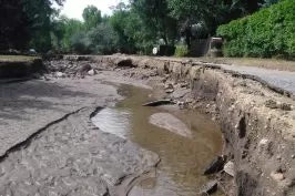 Damaged road with erosion and standing water, surrounded by greenery.