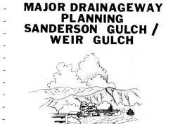 Sketch of a mountain landscape with "MAJOR DRAINAGEWAY PLANNING SANDERSON GULCH / WEIR GULCH" text.