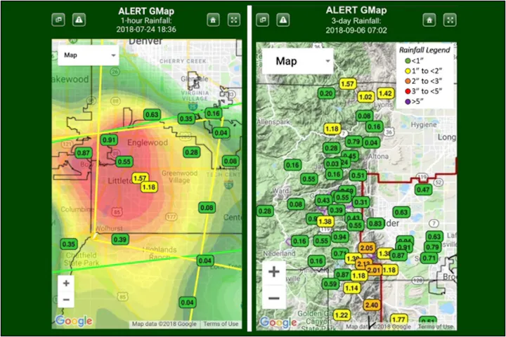 Two ALERT GMap rainfall maps: 1-hour (left) and 3-day (right) showing rainfall levels in Denver area with a color-coded legend.