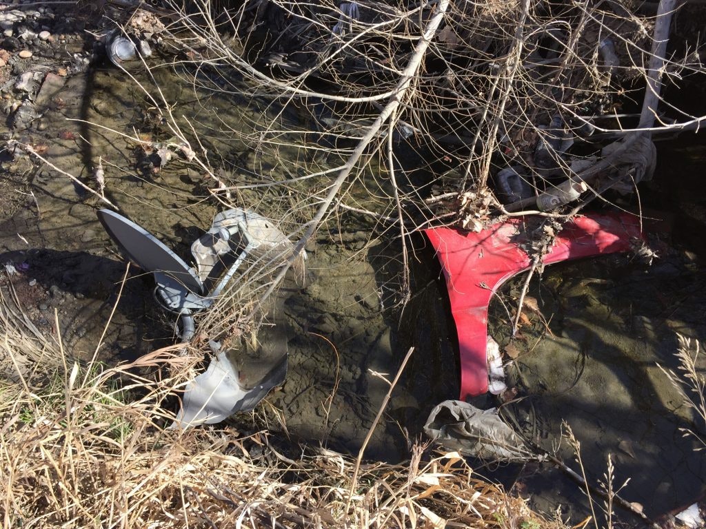 A discarded computer monitor and other debris in a polluted waterway with overgrown vegetation.