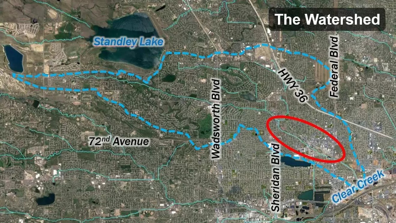 Annotated satellite image showing Standley Lake, a labeled watershed area, various roads, and a red oval highlighting a specific location.