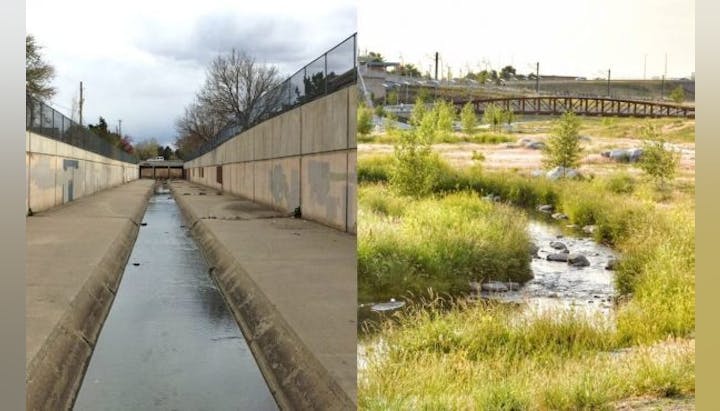 Urban canal transformation: Left shows a concrete channel, right shows same area turned into a natural stream with vegetation.