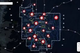 A map with marked locations and numbers, possibly indicating areas of interest or data points.