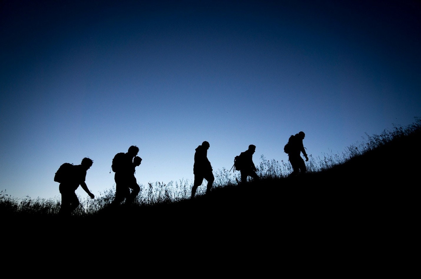 Silhouettes of hikers ascend a slope against a twilight sky, evoking adventure and exploration in nature.