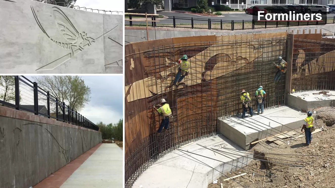 Construction of a decorative concrete wall with form liners, showing different stages from design to completion.