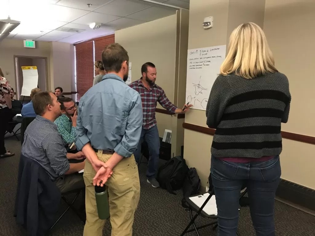 People in a meeting with one person presenting a diagram on a whiteboard.