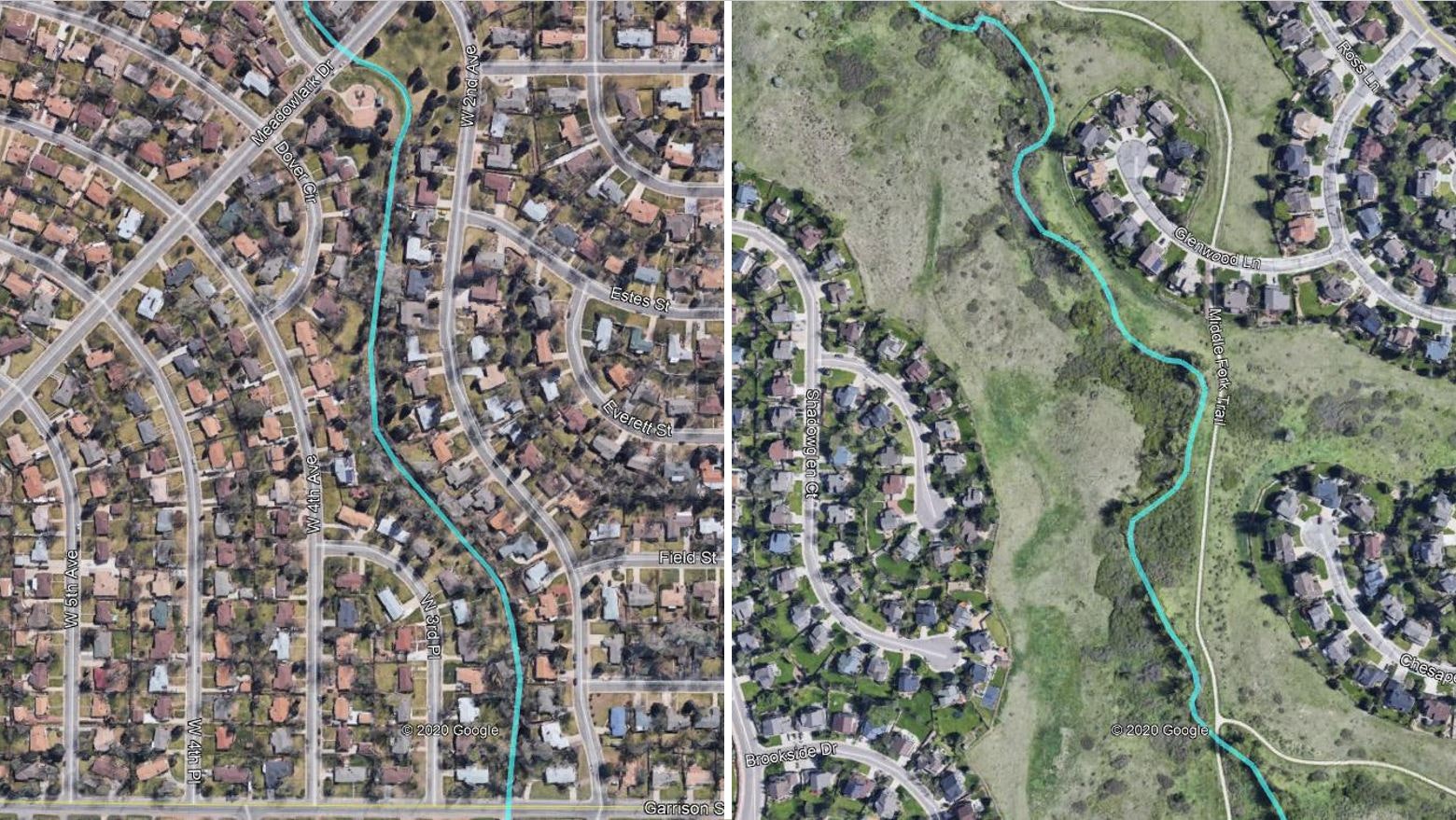 Satellite images of two different neighborhoods with curvy streets and a dividing line possibly indicating a river or trail.