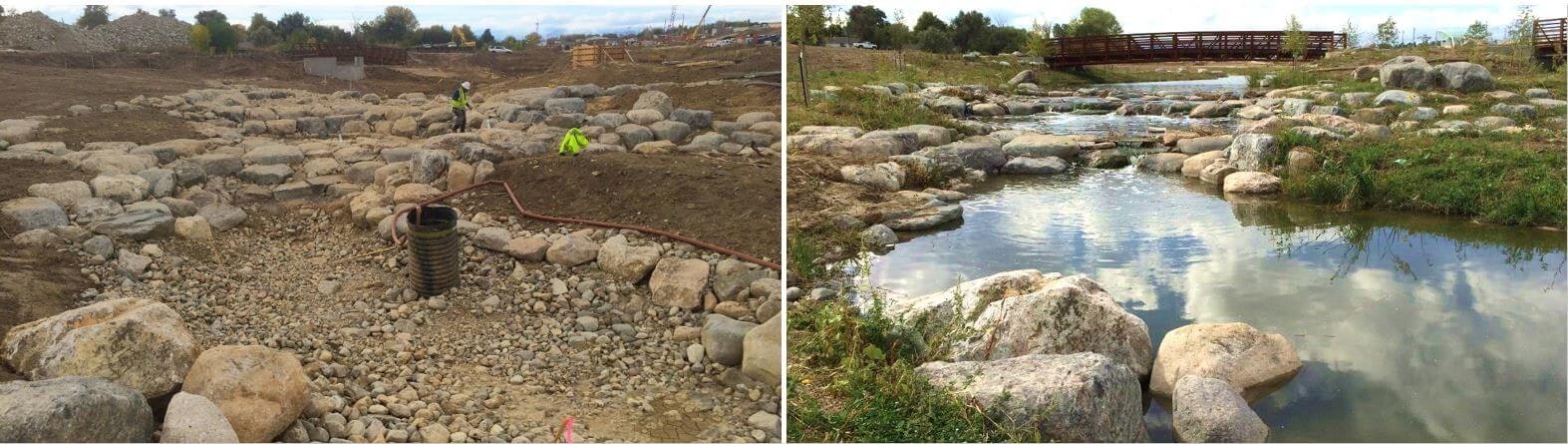 A before-and-after transformation of a dry creek bed into a landscaped stream with a bridge.
