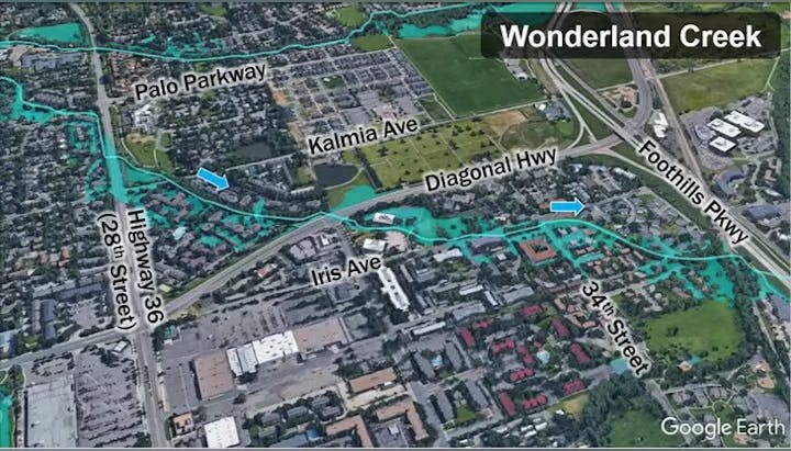 An aerial map view highlighting Wonderland Creek with labeled streets and highways.