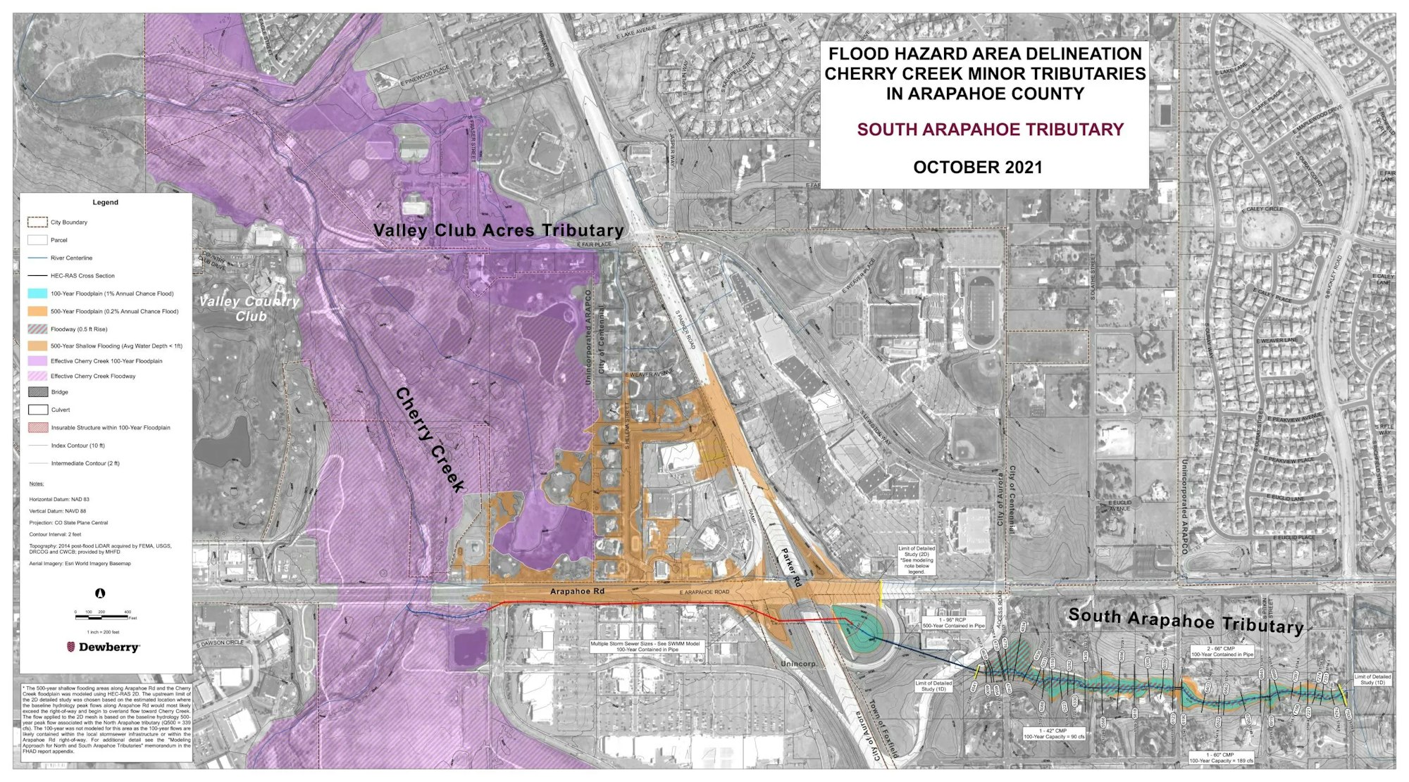 A flood hazard area delineation map for Cherry Creek tributaries in Arapahoe County, detailing flood zones and topography.