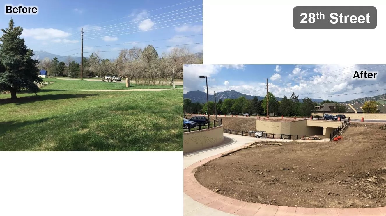 Before and after views of a construction project, showing green space transformed into a section with a concrete structure.