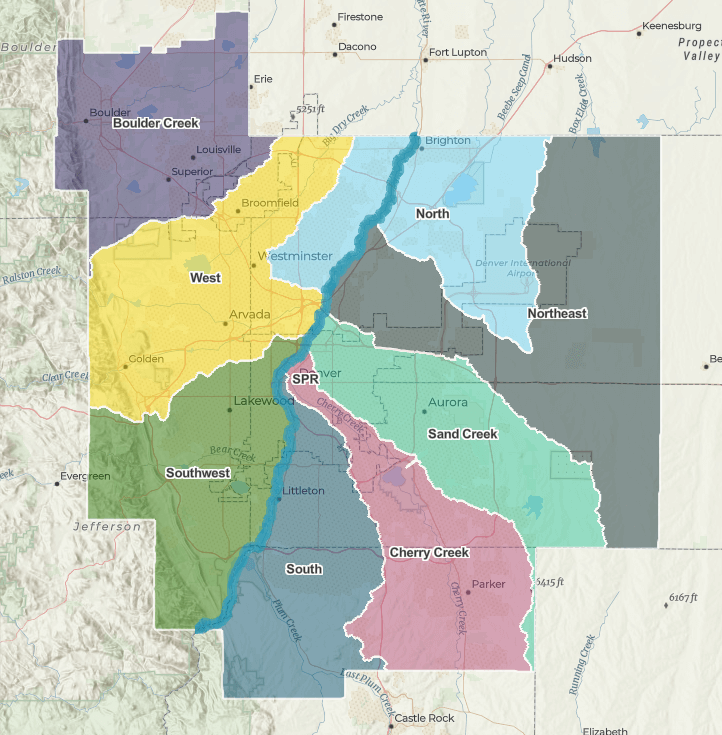 A color-coded map showing different regions or sectors for a specific area with labels like Boulder, West, South, and Cherry Creek.