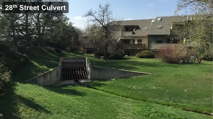 A culvert in a grassy area with apartment buildings in the background and a "28th Street Culvert" sign.
