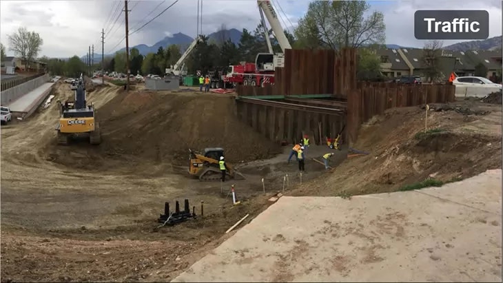 Construction site with heavy machinery, workers, and a sign saying "Traffic."