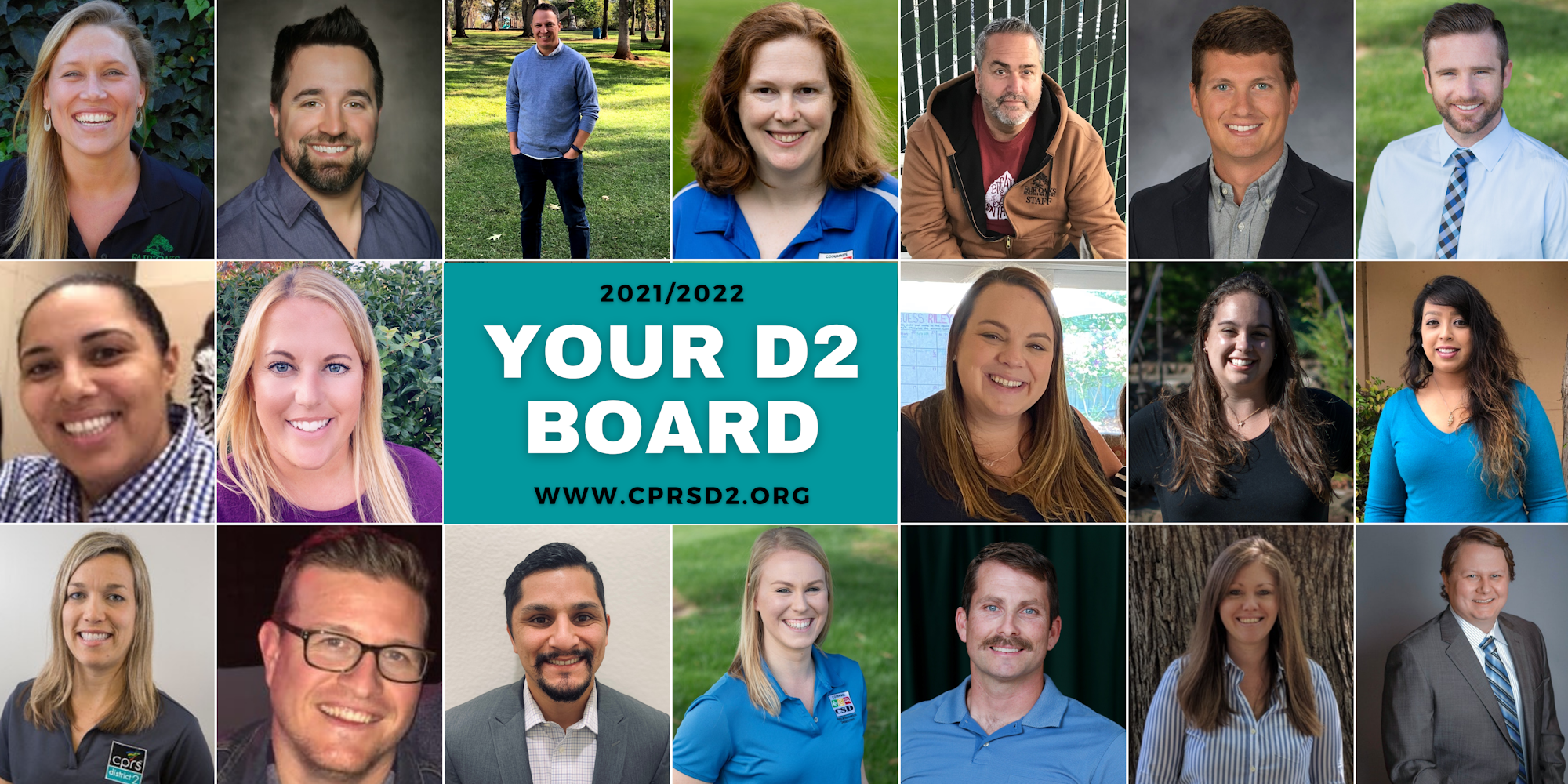 A collage of headshots featuring members of a board for 2021/2022, with a prominent banner for "Your D2 Board."