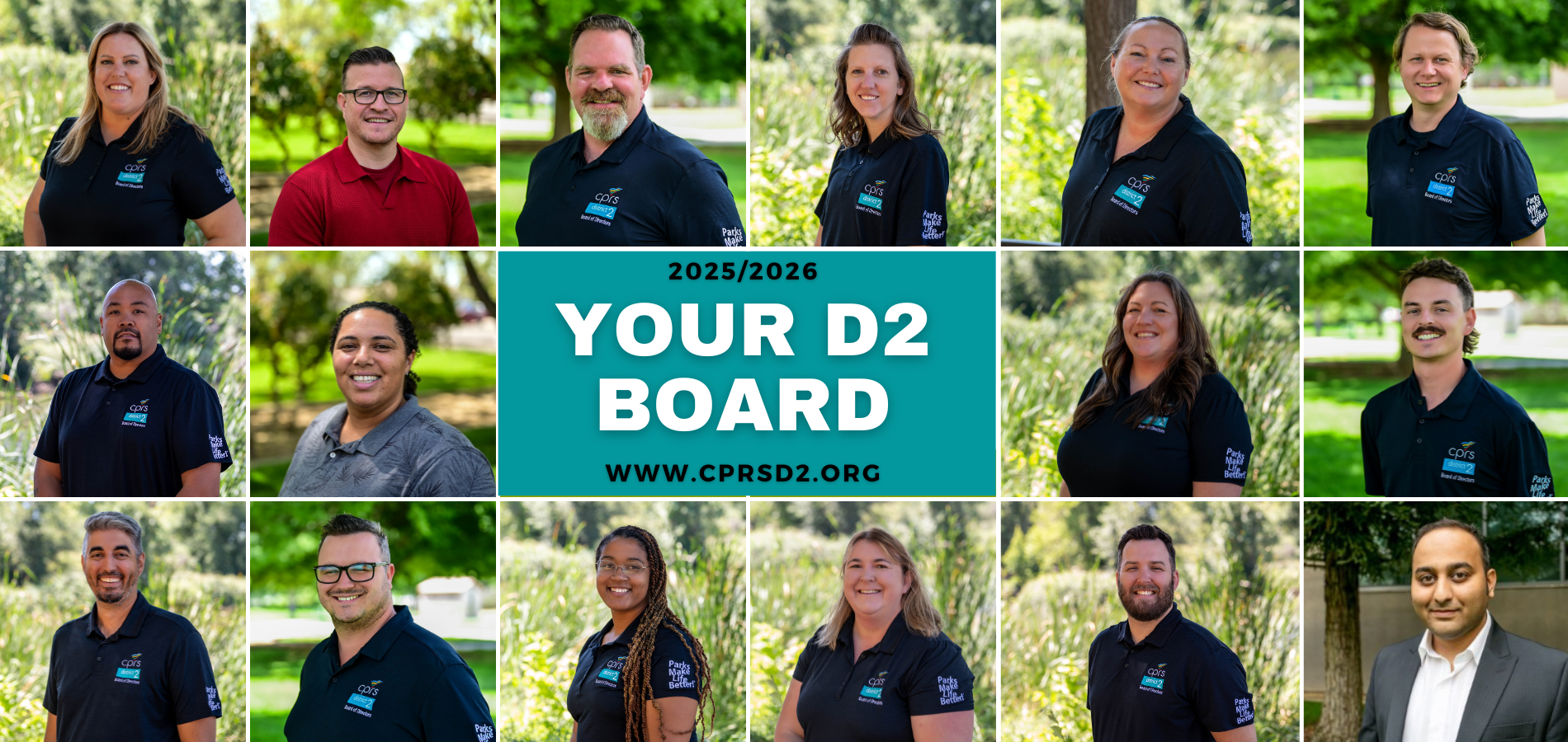 Grid of headshots featuring the 2025/2026 D2 Board members. Central text: "YOUR D2 BOARD www.cprsd2.org".