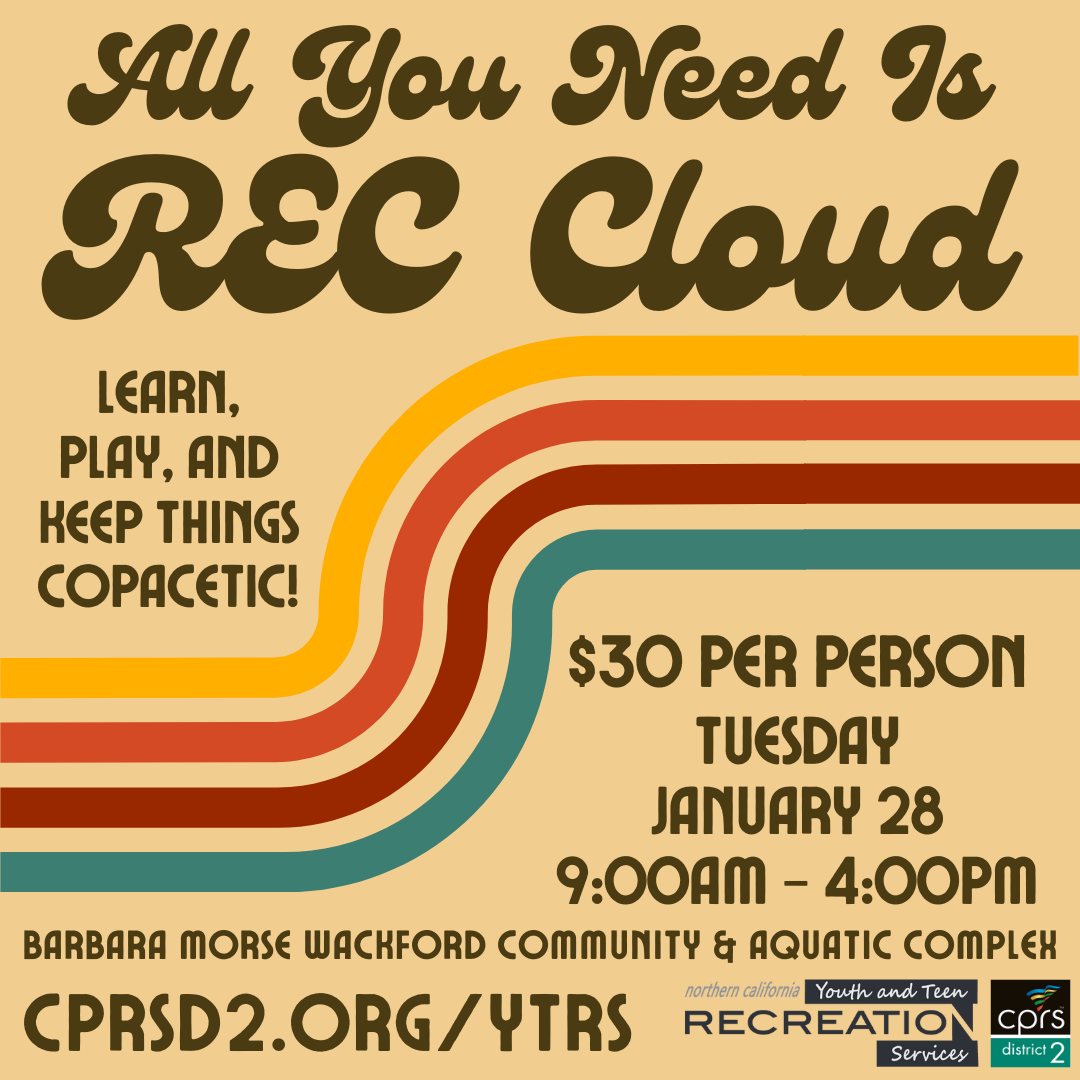 Retro style poster for "REC Cloud" event: learning, play, $30 fee, Jan 28, 9am-4pm, Barbara Morse Wackford Community & Aquatic Complex.