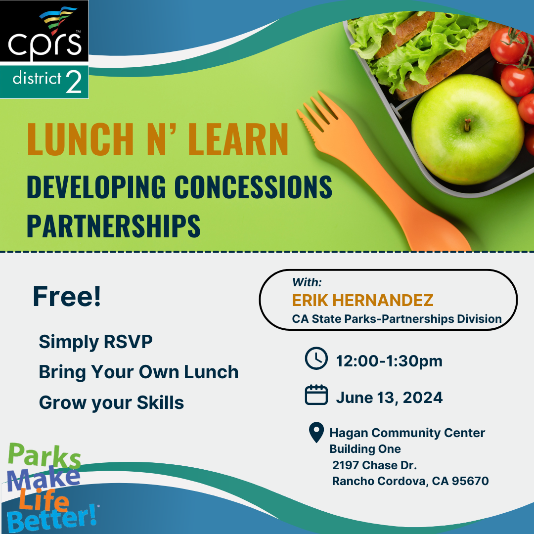A flyer for a "Lunch N' Learn" about developing concessions partnerships, on June 13, 2024, free with RSVP, bring your own lunch.