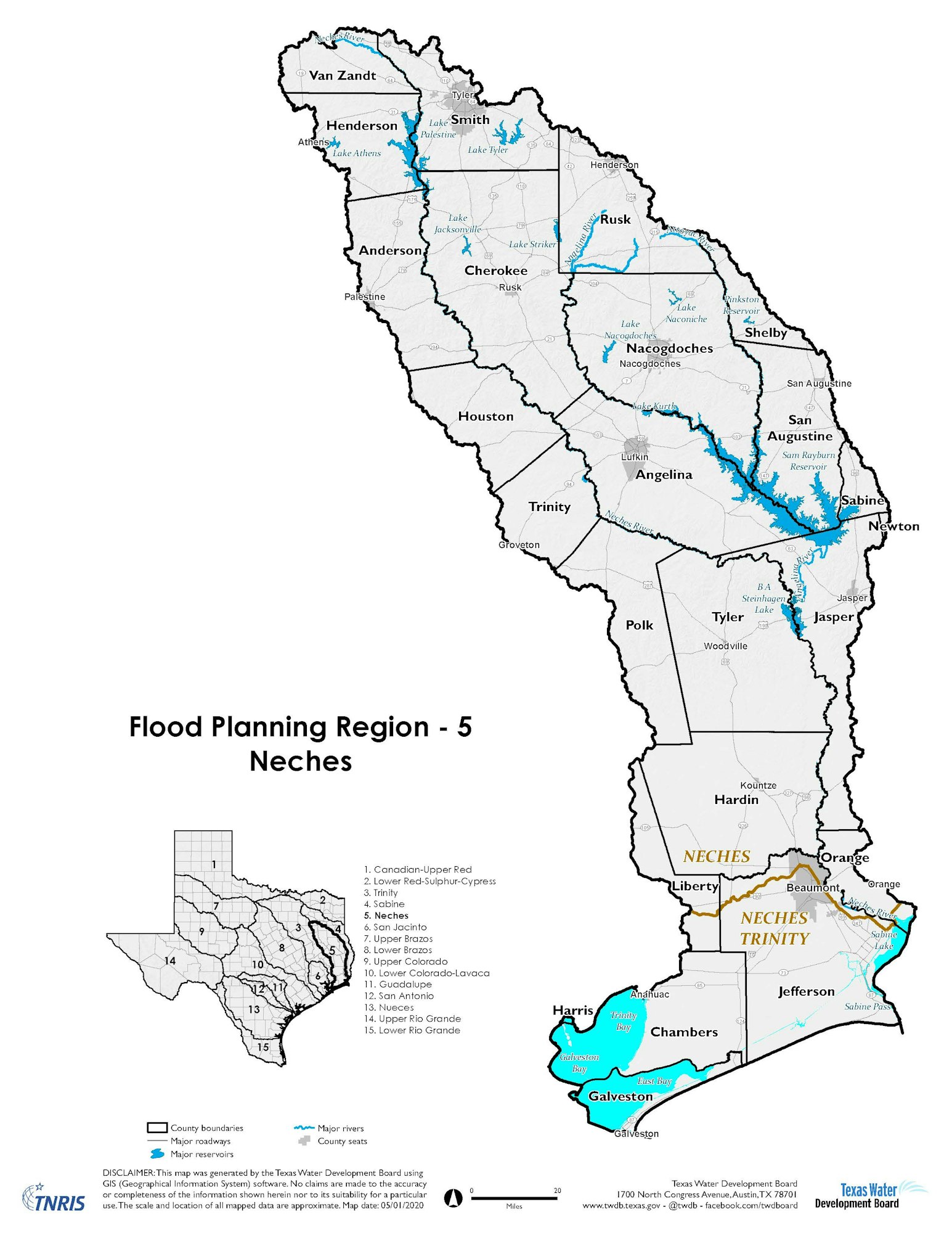 Map of the Neches Flood Planning Region 5 in Texas, showing county boundaries, rivers, and major reservoirs.