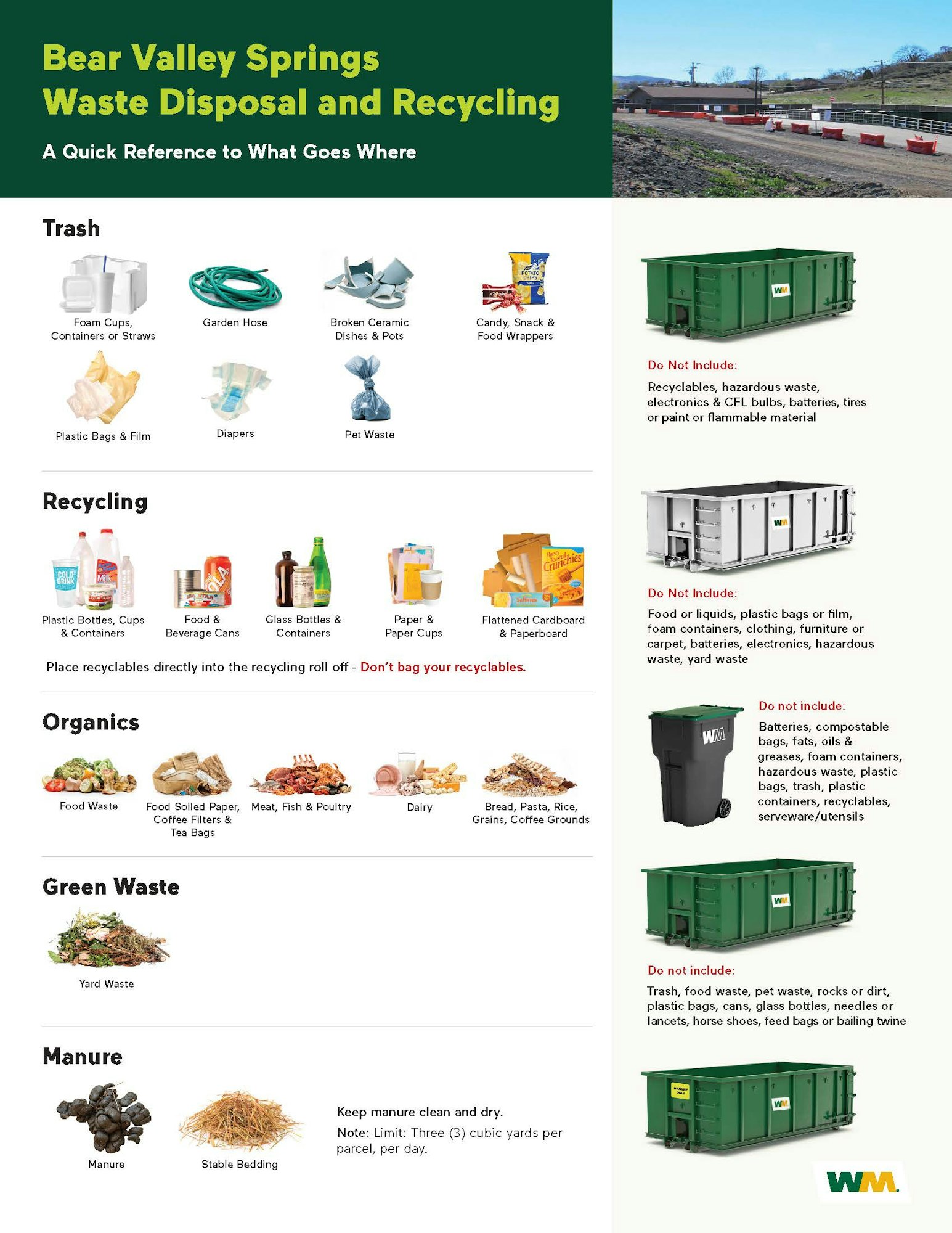 The image provides waste disposal guidelines for Bear Valley Springs, detailing what goes in trash, recycling, organics, green waste, and manure.