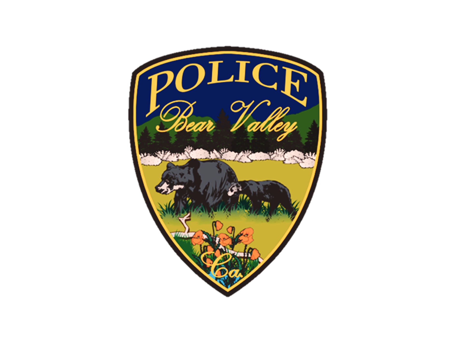 Police badge for Bear Valley, featuring two bears and a forest scene.
