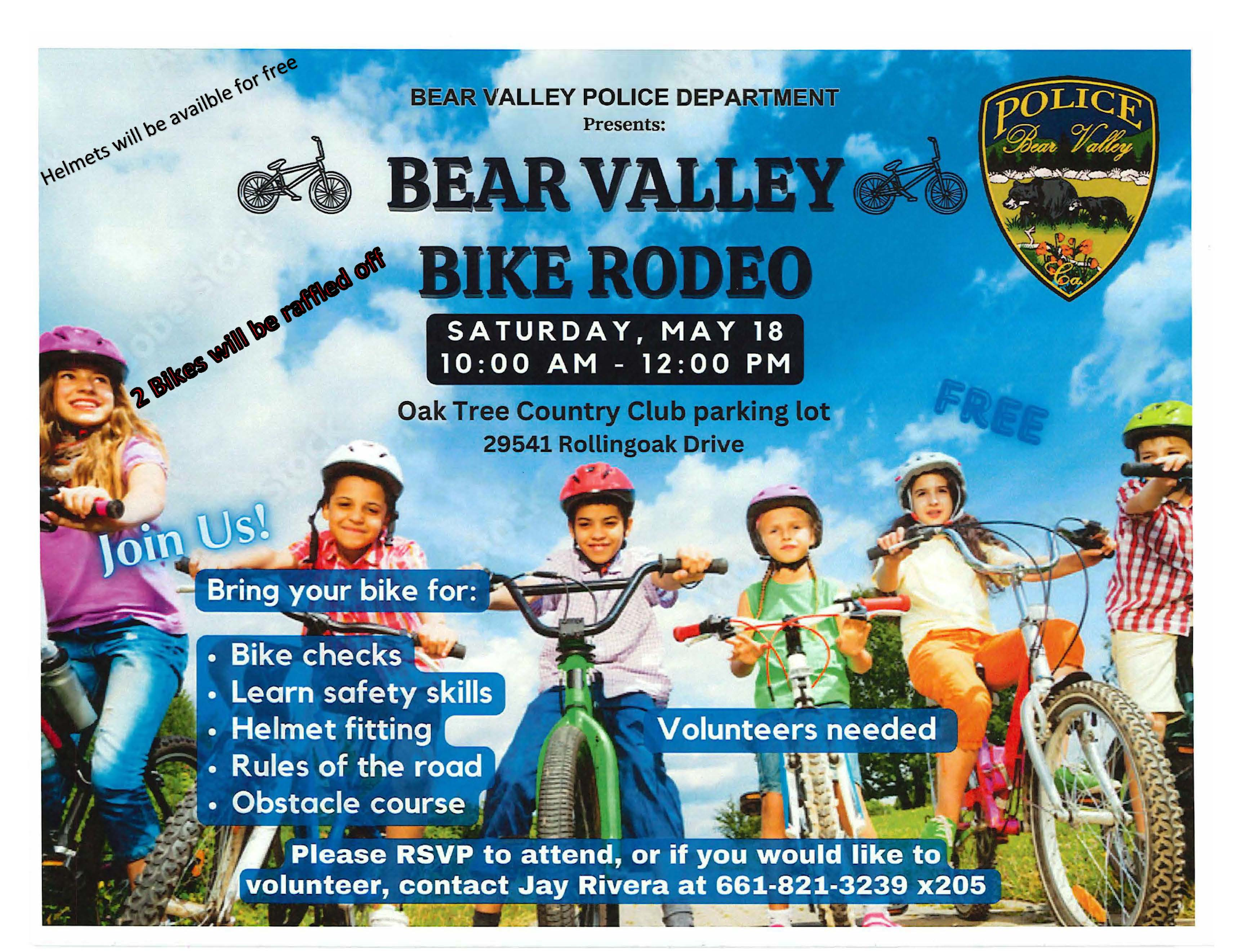 Bear Valley Bike Rodeo invite; May 18th, 10AM-12PM. Bike checks, safety skills, helmet fitting. Free helmets, 2 bikes raffled. RSVP for details.