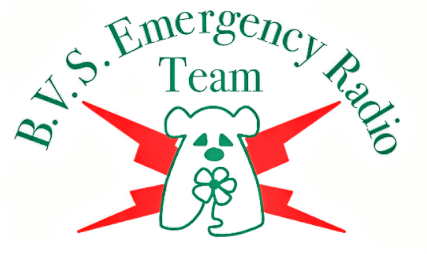 "B.V.S. Emergency Radio Team" logo with a bear holding a flower and red lightning bolts in the background.