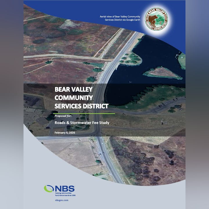 The image features a proposal document for Bear Valley Community Services District, focusing on a roads and stormwater fee study.