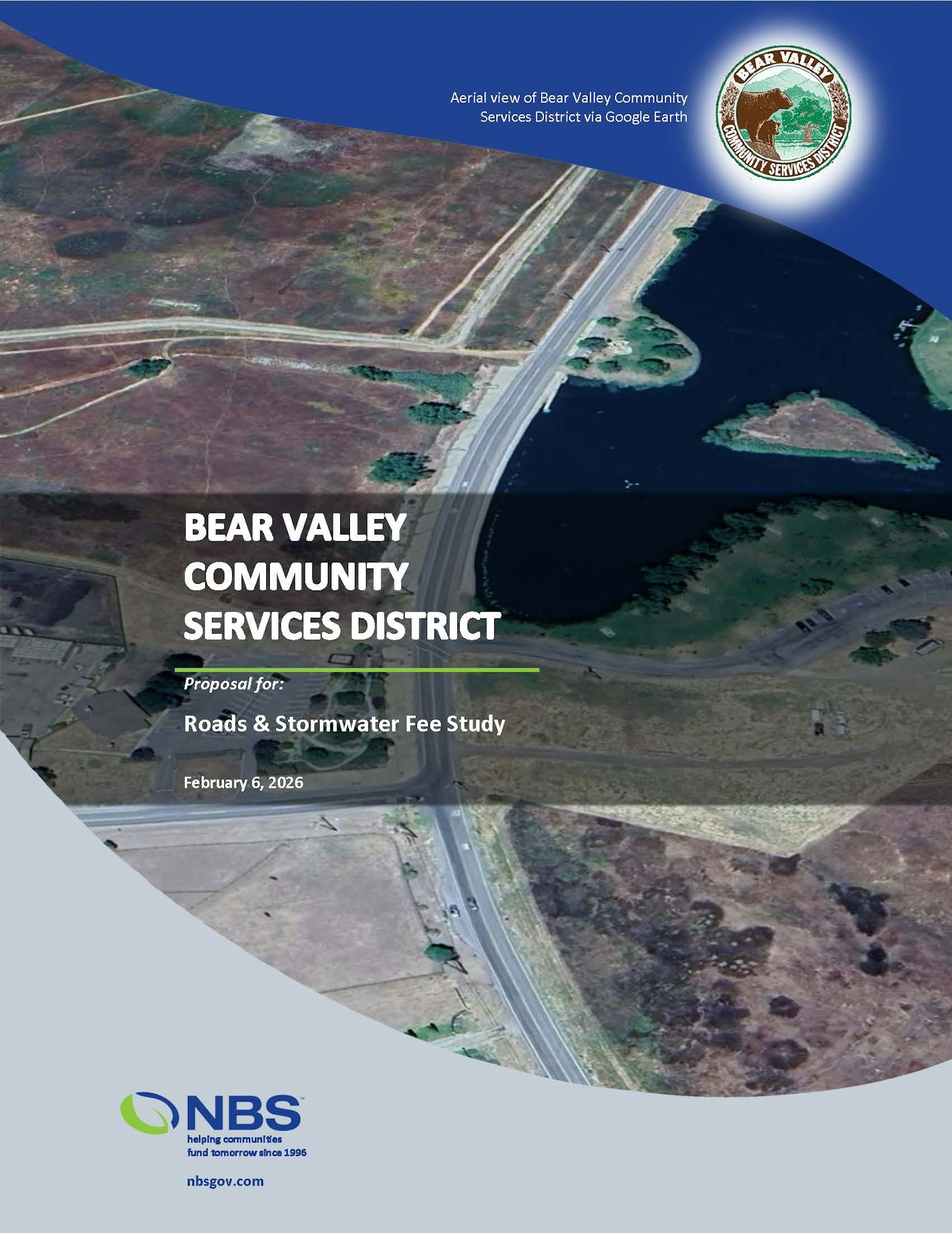 The image features a proposal document for Bear Valley Community Services District, focusing on a roads and stormwater fee study.