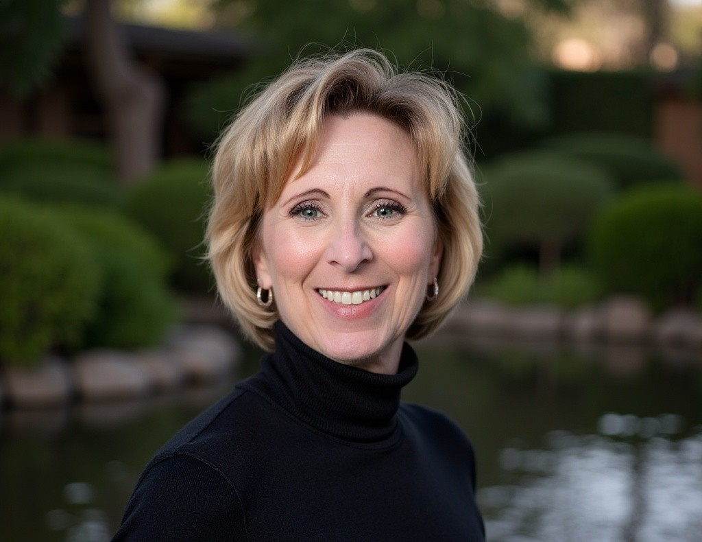 A person smiling outdoors with greenery and water in the background.