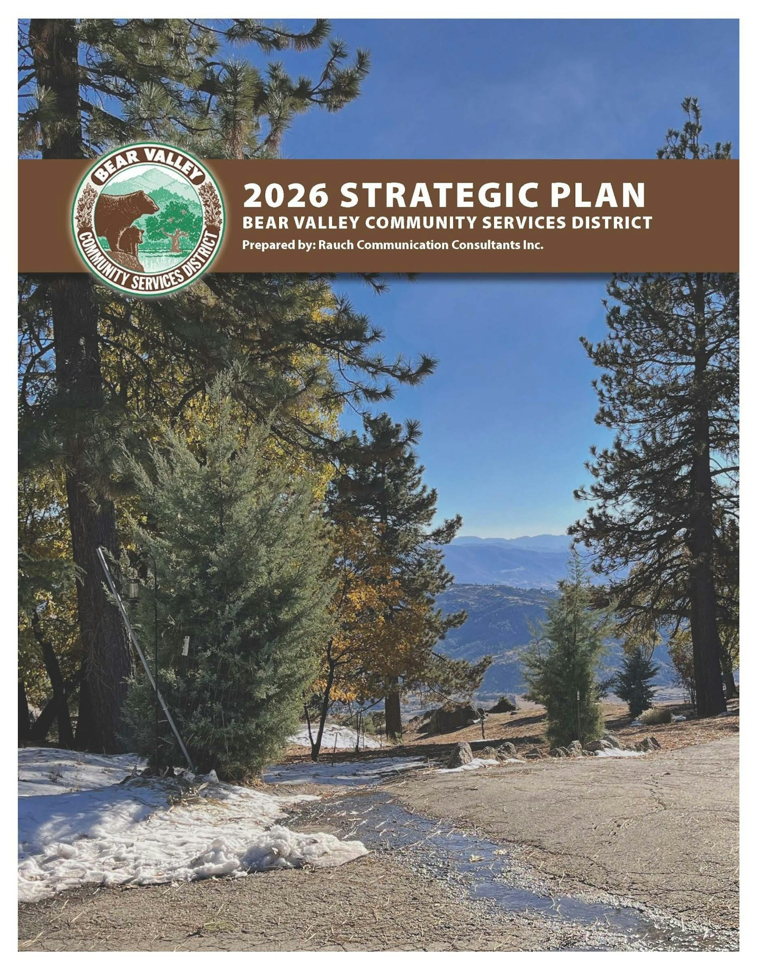 The image shows the cover of the "2026 Strategic Plan" for the Bear Valley Community Services District, featuring a scenic landscape.