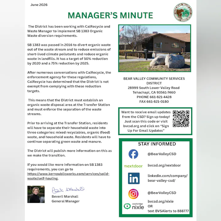 The image outlines SB 1383 organic waste diversion requirements and informs residents about waste separation at the Transfer Station.