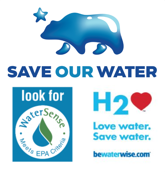 Blue bear, "SAVE OUR WATER," WaterSense label, "H2❤️," "Love water. Save water," and bewaterwise.com.