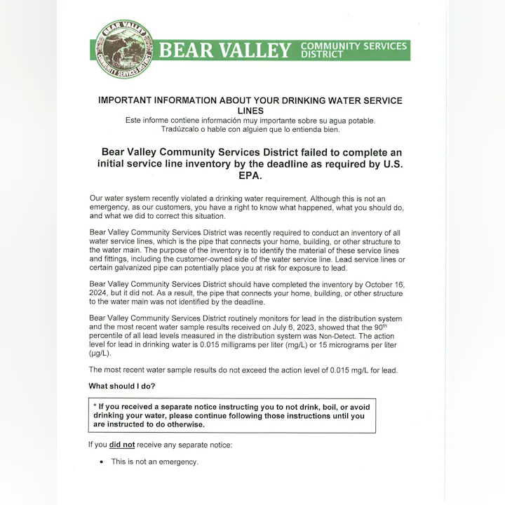 The image is a notice from Bear Valley Community Services about drinking water safety, lead inventory, and required actions.