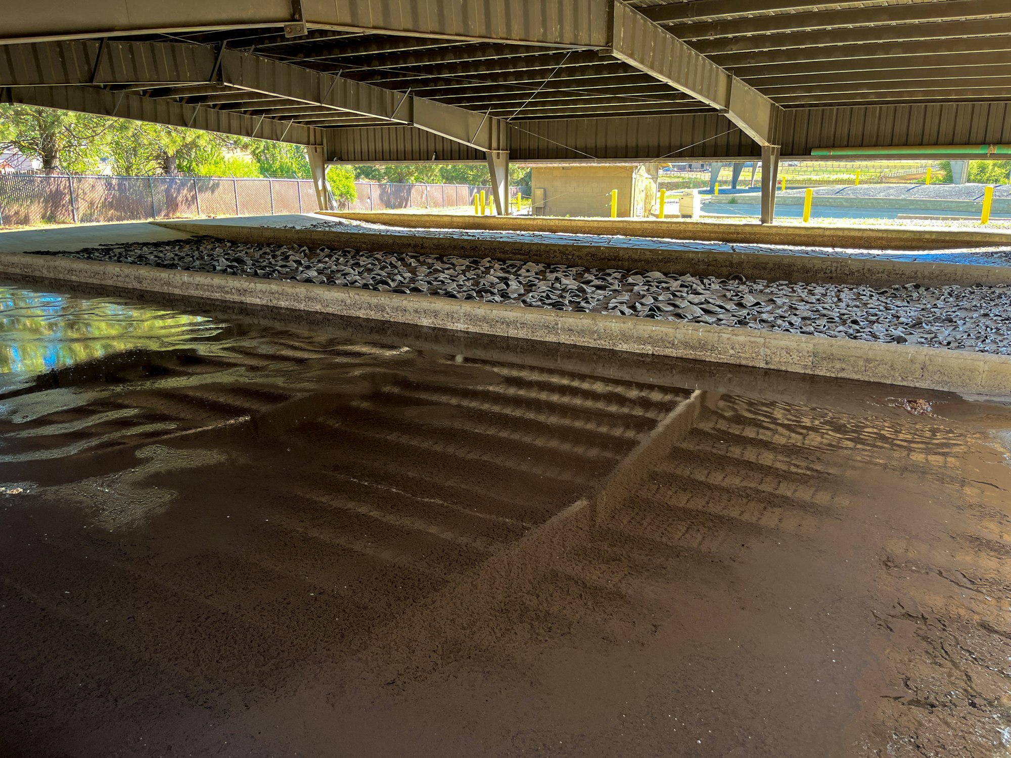 The image shows a covered area with a wet surface, rocks, and reflections from surrounding greenery and structures.