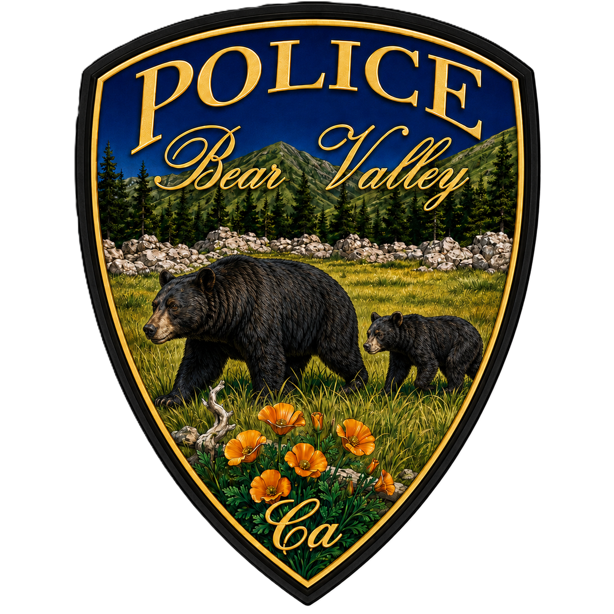 The image features a police badge for Bear Valley, CA, showcasing bears in a natural setting with wildflowers.