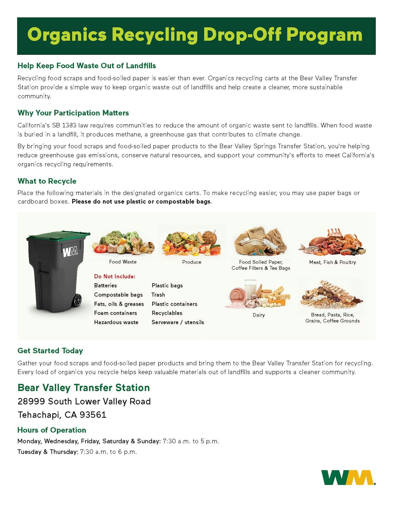 Information on an organics recycling drop-off program at Bear Valley Transfer Station, including what to recycle and hours of operation.