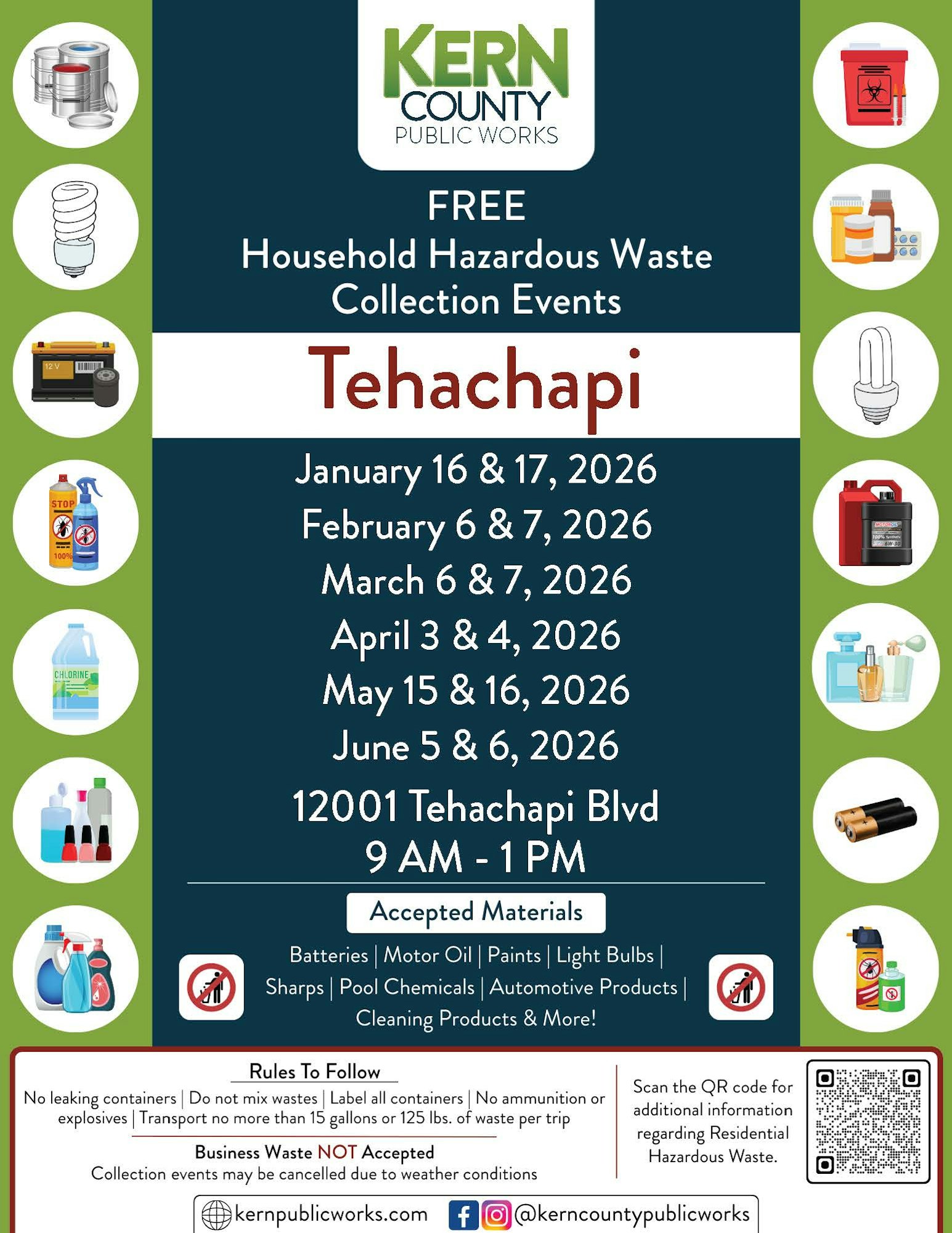 Kern County hosts free hazardous waste collection in Tehachapi on select 2026 dates. Accepts various hazardous materials.