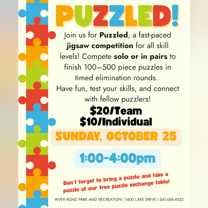 Join the Puzzled jigsaw competition on October 25, 1-4 PM! $20/team, $10/individual. Bring a puzzle for the exchange table!
