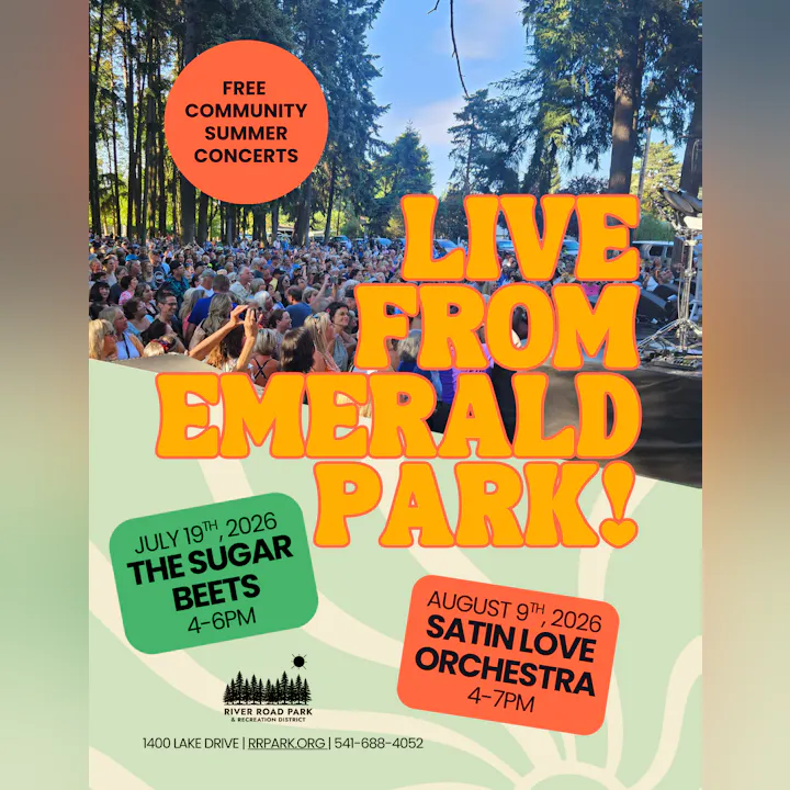 Free summer concerts at Emerald Park: The Sugar Beets on July 19, 2026 (4-6 PM) and Satin Love Orchestra on August 9, 2026 (4-7 PM).